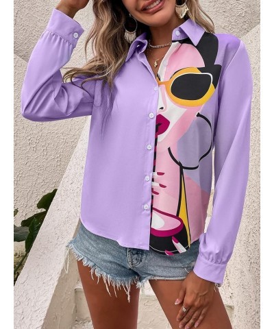 Women's Figure Graphic Colorful Button Down Shirts Long Sleeve Collared Shirt Blouse Tops Purple $16.42 Blouses