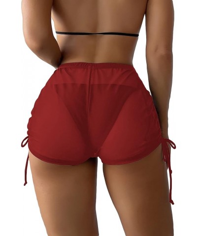 Women's Drawstring Side Mesh Sheer Beach Summer Cover Up Shorts Bikini Bottoms Burgundy $10.56 Swimsuits