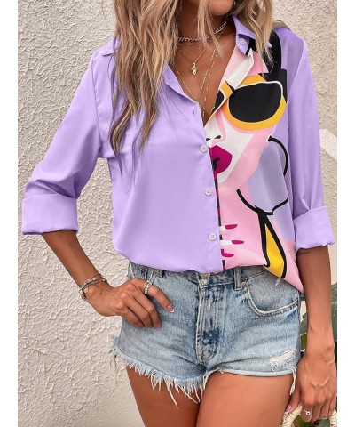 Women's Figure Graphic Colorful Button Down Shirts Long Sleeve Collared Shirt Blouse Tops Purple $16.42 Blouses