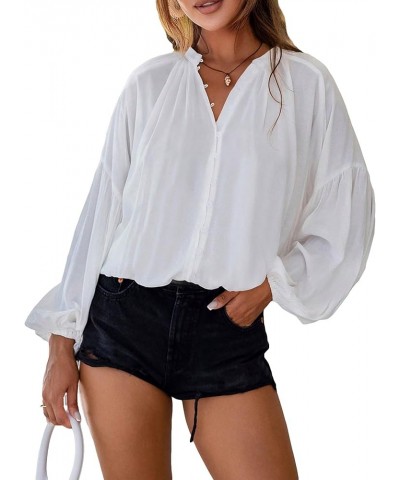 Women's Button Up Oversized Lantern Sleeve Collarless Elegant Blouse Tunic Shirt Top White $10.19 Blouses