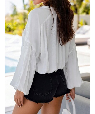 Women's Button Up Oversized Lantern Sleeve Collarless Elegant Blouse Tunic Shirt Top White $10.19 Blouses