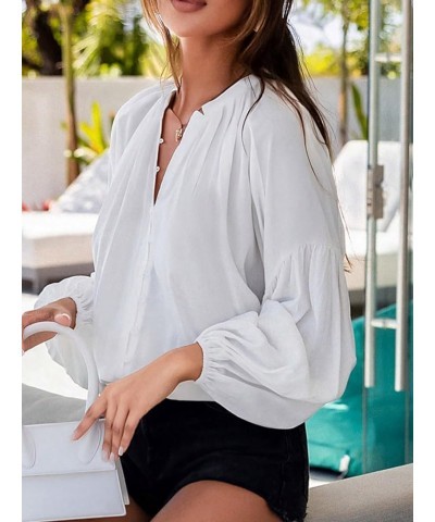 Women's Button Up Oversized Lantern Sleeve Collarless Elegant Blouse Tunic Shirt Top White $10.19 Blouses