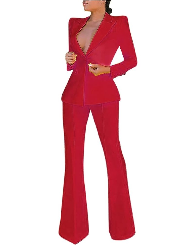 Suits for Women Office Professional Long Sleeve Blazer Jacket and Floor-Length Wide Leg Pants Casual Business Sets Suits-red-...