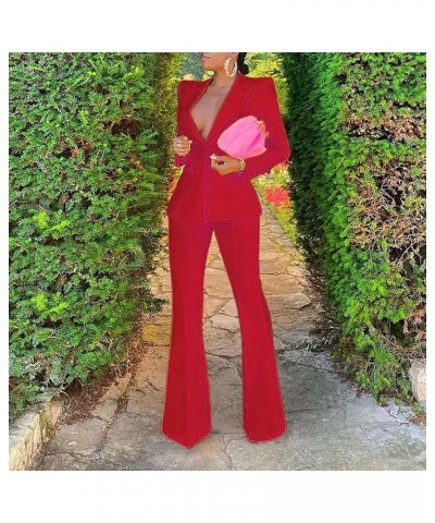 Suits for Women Office Professional Long Sleeve Blazer Jacket and Floor-Length Wide Leg Pants Casual Business Sets Suits-red-...