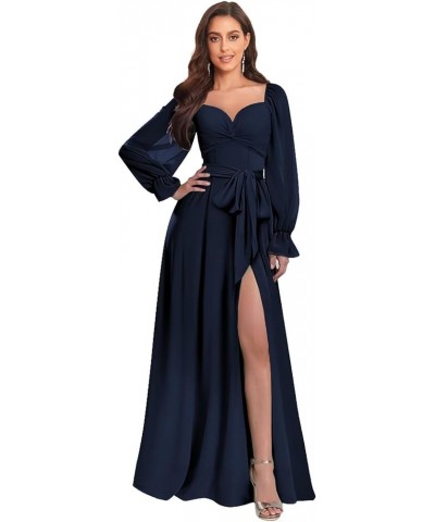 Long Sleeve Bridesmaid Dresses with Slit Wedding Ruched Sweetheart Chiffon Formal Evening Gown Navy Blue $36.39 Dresses