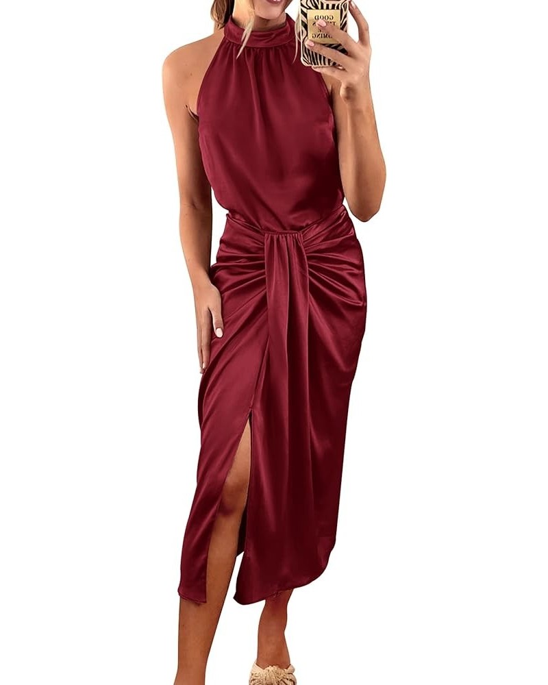 Women 2024 Summer Satin Halter Ruched Bodycon Cocktail Dress Sleeveless Wrap Draped Slit Party Formal Midi Dresses Wine Red $...