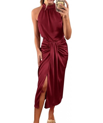 Women 2024 Summer Satin Halter Ruched Bodycon Cocktail Dress Sleeveless Wrap Draped Slit Party Formal Midi Dresses Wine Red $...