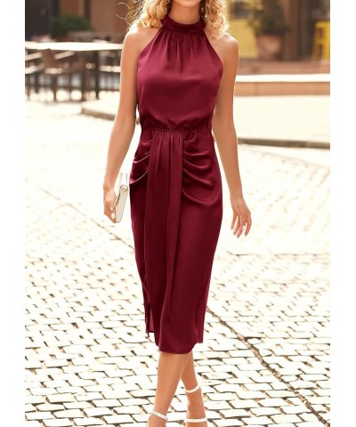 Women 2024 Summer Satin Halter Ruched Bodycon Cocktail Dress Sleeveless Wrap Draped Slit Party Formal Midi Dresses Wine Red $...