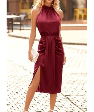 Women 2024 Summer Satin Halter Ruched Bodycon Cocktail Dress Sleeveless Wrap Draped Slit Party Formal Midi Dresses Wine Red $...