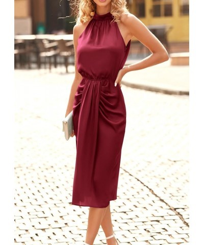 Women 2024 Summer Satin Halter Ruched Bodycon Cocktail Dress Sleeveless Wrap Draped Slit Party Formal Midi Dresses Wine Red $...