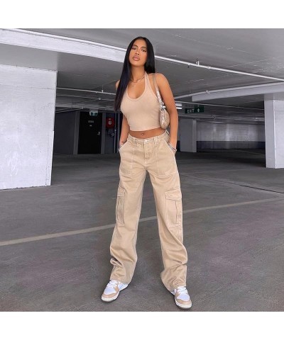 Womens Cargo Pants High Waist Jeans with Pocket Baggy Jogger Y2K Pants Jeans A-light Khaki $19.36 Jeans