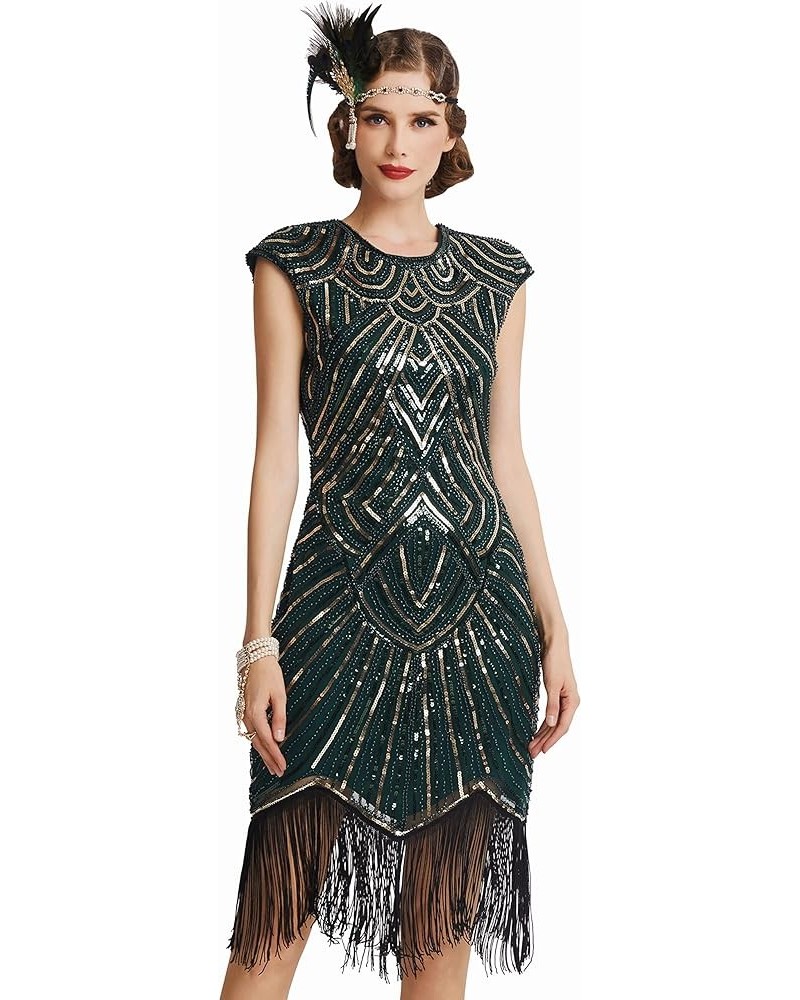 Women's Flapper Dresses 1920s Beaded Fringed Great Gatsby Dress Darkgreen Gold $22.36 Dresses