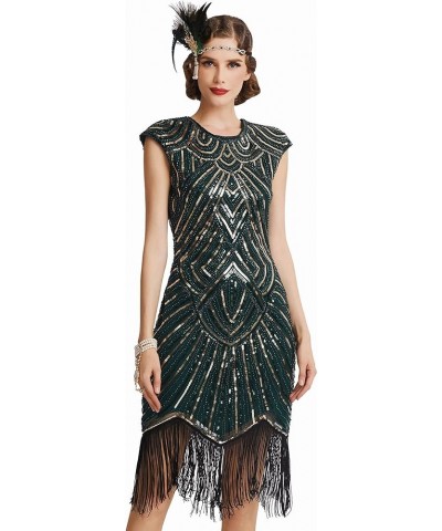 Women's Flapper Dresses 1920s Beaded Fringed Great Gatsby Dress Darkgreen Gold $22.36 Dresses