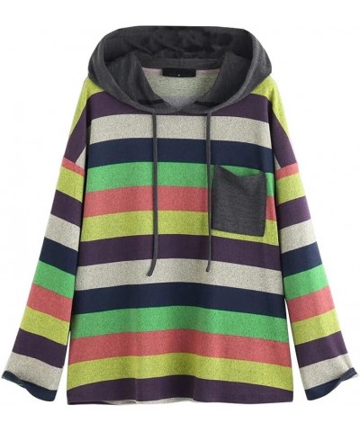 Women's Plus Size Autumn Top Striped Hoody Sweatshirt Color Block Long Sleeve Drawstring T-Shirt Fall Cloths Grey $12.47 Tops