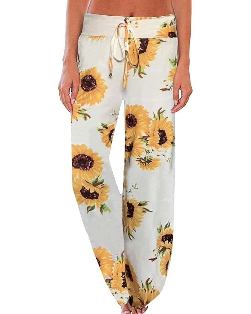 Women's Comfy Pajama Pants Casual Drawstring Palazzo Lounge Wide Leg Pants White Sunflower $10.59 Sleep & Lounge