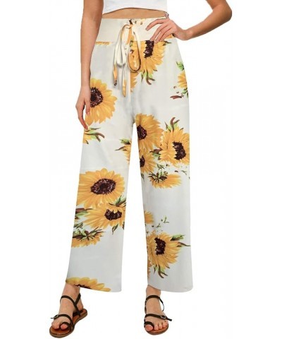 Women's Comfy Pajama Pants Casual Drawstring Palazzo Lounge Wide Leg Pants White Sunflower $10.59 Sleep & Lounge