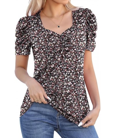 Women's Summer Shirt Ruched Square Neck Tops Puff Short Sleeve T-Shirt Loose Casual Tunics Black Floral $13.36 T-Shirts