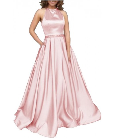 Women's Halter A-line Beaded Satin Evening Prom Dress Long Formal Gown with Pockets Blush Pink $39.74 Dresses