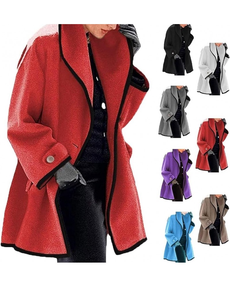 Hooded Color Block Woolen Coat, Stylish Lapel Warm Trench Coat, Long Sleeve Loose Hooded Woolen Coat For Women Red $16.45 Coats