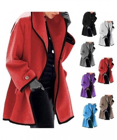 Hooded Color Block Woolen Coat, Stylish Lapel Warm Trench Coat, Long Sleeve Loose Hooded Woolen Coat For Women Red $16.45 Coats