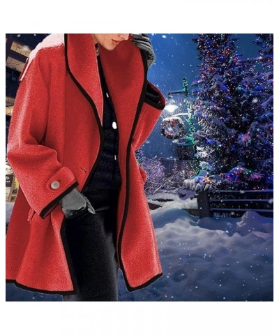 Hooded Color Block Woolen Coat, Stylish Lapel Warm Trench Coat, Long Sleeve Loose Hooded Woolen Coat For Women Red $16.45 Coats