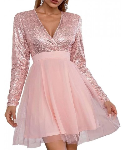 838 - Surplice Neckline Mesh Hem Sequins Tulle Long Sleeves Party Cocktail Evening Babydoll Dress Pink $28.59 Dresses