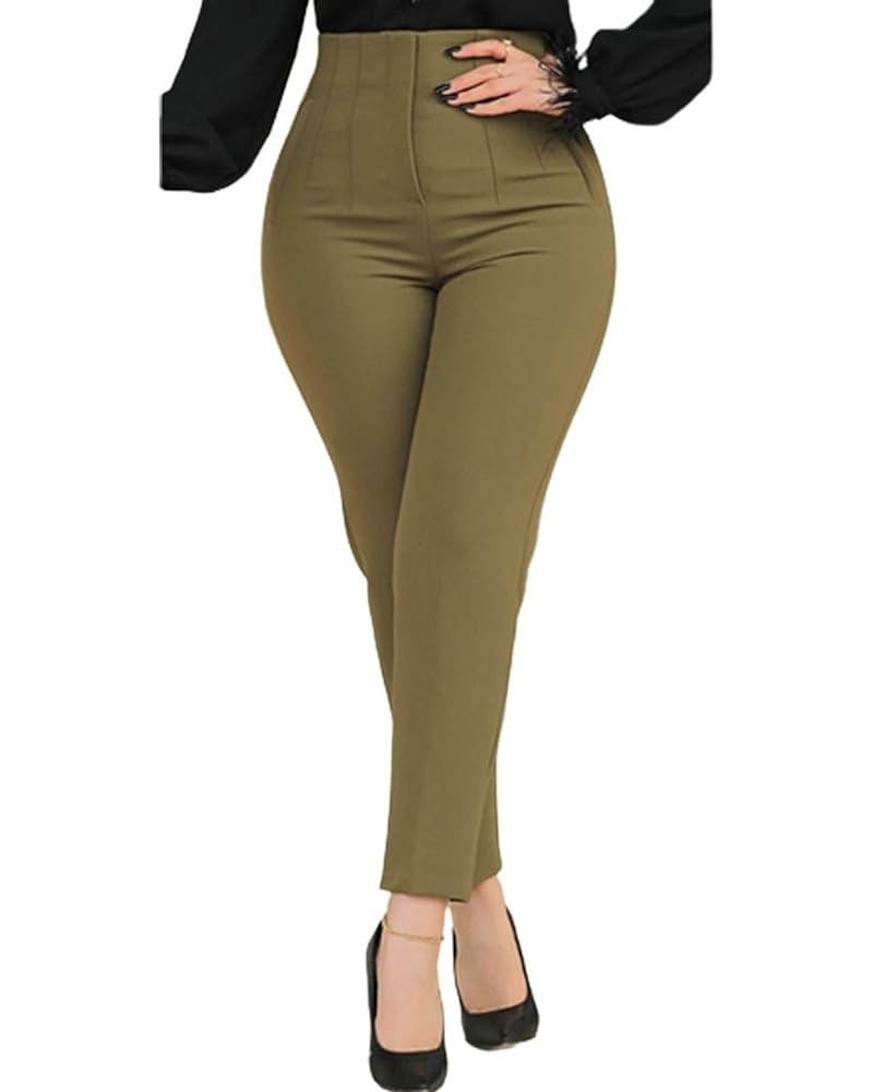 Women Trousers Women High Waist Pleated Suit Pants Pockets Ninth-Length Solid Color Straight Leg Business Army Green $11.31 P...