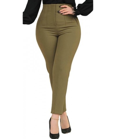 Women Trousers Women High Waist Pleated Suit Pants Pockets Ninth-Length Solid Color Straight Leg Business Army Green $11.31 P...