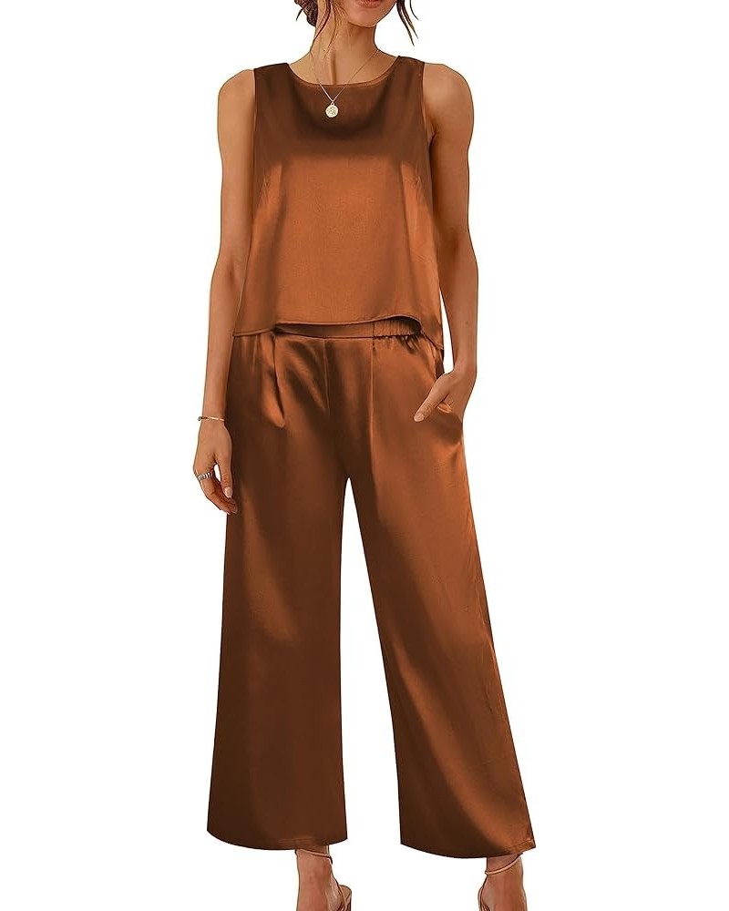 Ekoauer Women's Silk Satin Pajama 2 Piece Outfits Sleeveless Tank Crop Top and Wide Leg Pants Set with Pockets Brown $18.23 L...