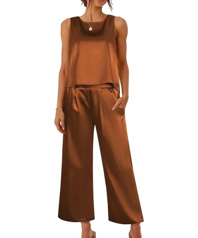 Ekoauer Women's Silk Satin Pajama 2 Piece Outfits Sleeveless Tank Crop Top and Wide Leg Pants Set with Pockets Brown $18.23 L...