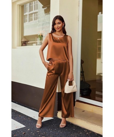 Ekoauer Women's Silk Satin Pajama 2 Piece Outfits Sleeveless Tank Crop Top and Wide Leg Pants Set with Pockets Brown $18.23 L...