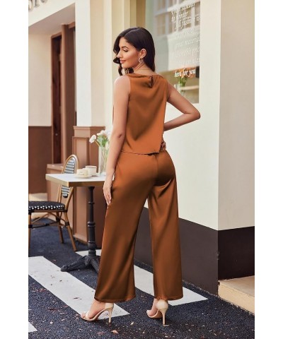 Ekoauer Women's Silk Satin Pajama 2 Piece Outfits Sleeveless Tank Crop Top and Wide Leg Pants Set with Pockets Brown $18.23 L...