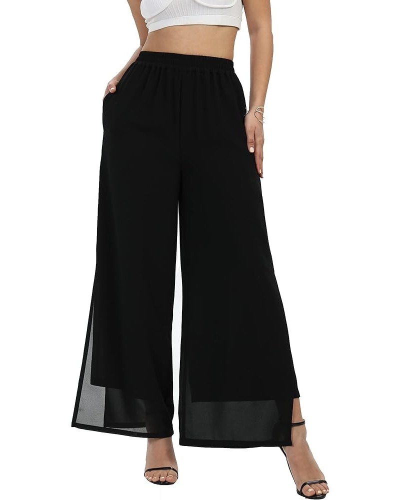 Women's Chiffon Wide Leg Palazzo Pants Split Dressy Casual Beach Party Long Trousers Split Black Long $17.48 Pants