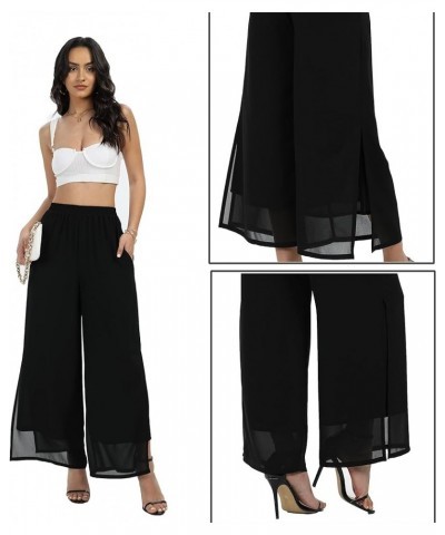 Women's Chiffon Wide Leg Palazzo Pants Split Dressy Casual Beach Party Long Trousers Split Black Long $17.48 Pants