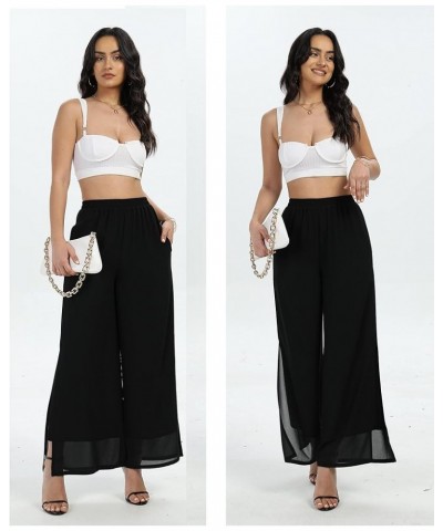 Women's Chiffon Wide Leg Palazzo Pants Split Dressy Casual Beach Party Long Trousers Split Black Long $17.48 Pants