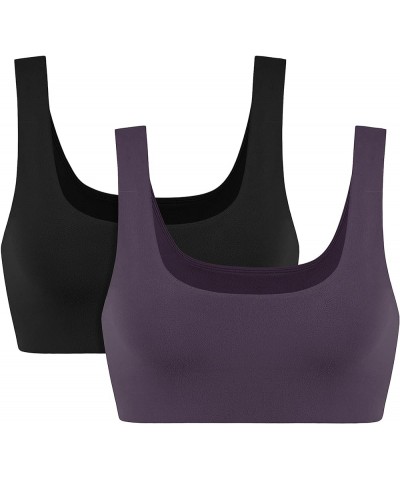 2-Pack Halter Sports Bra for Women Non Padded Strappy/Square Neck Cropped Tops Workout Yoga Crop Black+dark Purple (Square Ne...