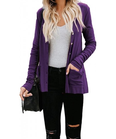 Women's Cardigans Button Down Solid Knit Loose Cardigans with Pockets Purple $12.45 Sweaters