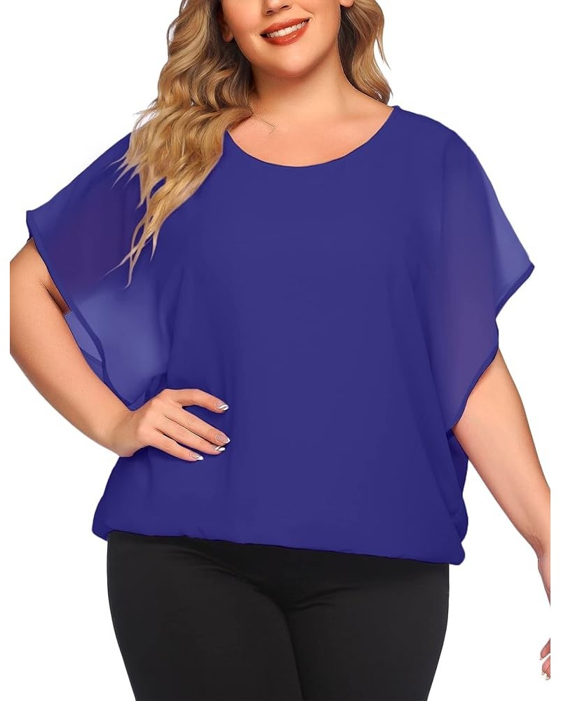 Plus Size Women Chiffon Blouse Batwing Sleeve Tops Scoop Neck Tunic Shirts Royal Blue-d $14.51 Blouses