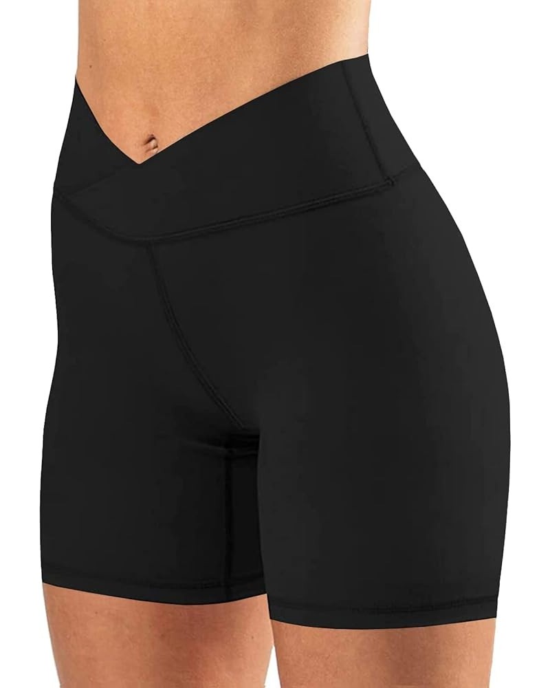 Womens Crossover Biker Shorts 5" High Waisted Yoga Workout Athletic Running Spandex Shorts Black $18.23 Activewear