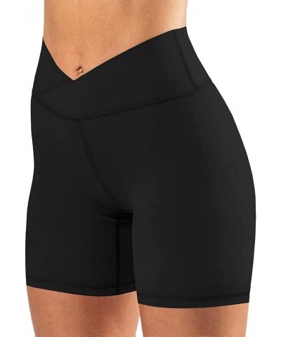 Womens Crossover Biker Shorts 5" High Waisted Yoga Workout Athletic Running Spandex Shorts Black $18.23 Activewear