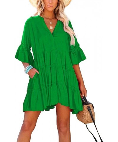 Womens Casual Summer Dress 2023 V Neck Bell Sleeve Mini Loose Flowy Swing Shift Beach Dresses Green $21.31 Dresses