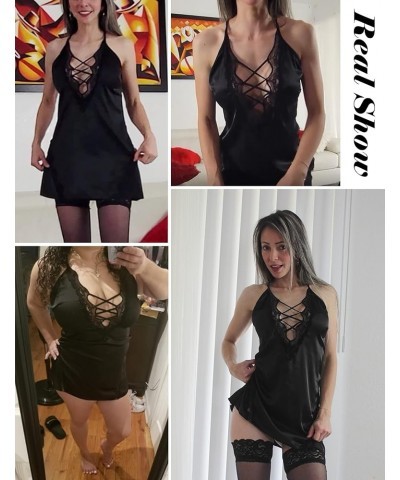 Women Chemise Lingerie Satin Lace Nightgown Lace Babydoll Sleepwear Dress 1 Black $11.39 Sleep & Lounge