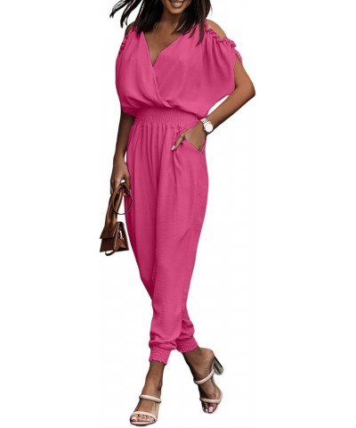 Jumpsuit for Womens Dressy Casual 2024 One Piece Romper Cold Shoulder Outfits for Summer Hot Pink $18.06 Jumpsuits