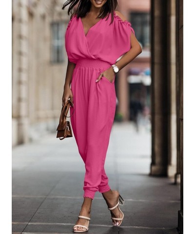 Jumpsuit for Womens Dressy Casual 2024 One Piece Romper Cold Shoulder Outfits for Summer Hot Pink $18.06 Jumpsuits