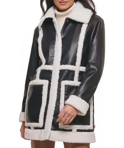 Women's Long Faux Leather Jacket with Sherpa Spill Out Black $72.00 Coats