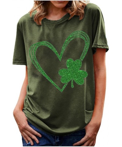 St Patricks Day Shirt Women Short Sleeve Loose Comfy Tops T Shirts Clover Print Saint Patricks Day T Shirt Blosue A017-army G...