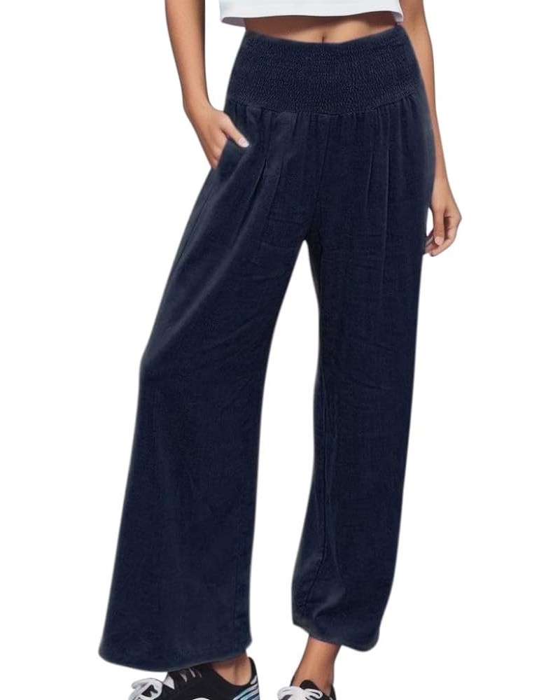 Fall Pants for Women Summer High Waisted Wide Leg Pants Casual Elastic Waist Palazzo Pants Beach Pants with Pockets 4-navy $7...