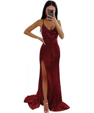 Mermaid Prom Dresses for Women with Slit Sparkly Sequins Cowl Neck Formal Evening Party Gown Burgundy $35.25 Dresses